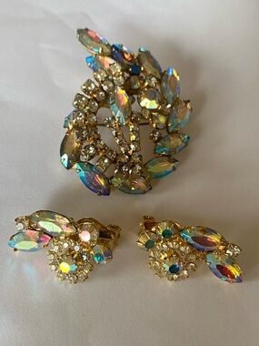 Aurora Crystal Gold-Tone Brooch and Clip-On Earring Set